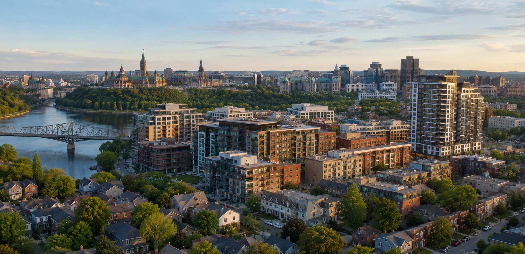 Ottawa skyline at sunset with residential neighbourhoods